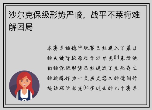 沙尔克保级形势严峻，战平不莱梅难解困局