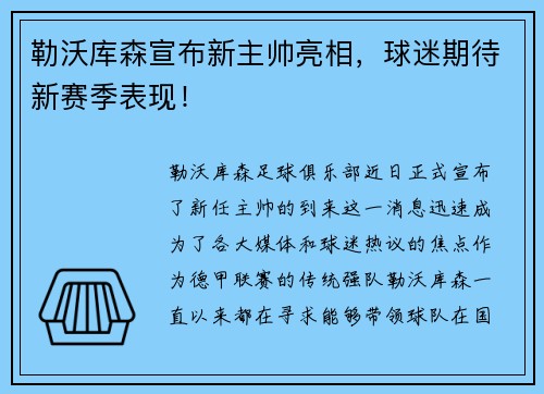 勒沃库森宣布新主帅亮相，球迷期待新赛季表现！