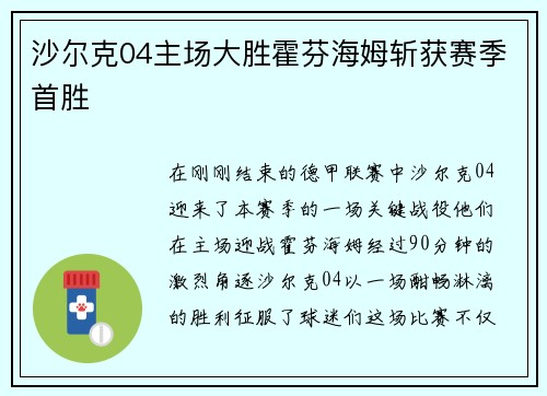 沙尔克04主场大胜霍芬海姆斩获赛季首胜