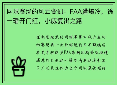 网球赛场的风云变幻：FAA遭爆冷，徐一璠开门红，小威复出之路